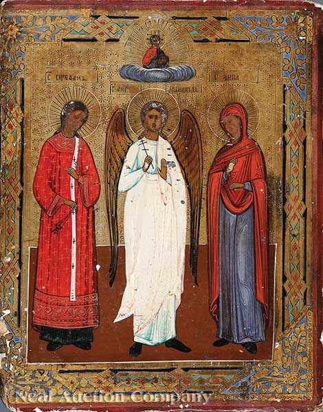 Appraisal: A Russian Orthodox Icon of an Archangel Flanked by St