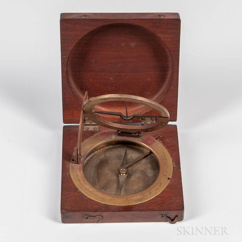 Appraisal: Mahogany-cased Brass Equinoctial Pocket Sundial Mahogany-cased Brass Equinoctial Pocket Sundial