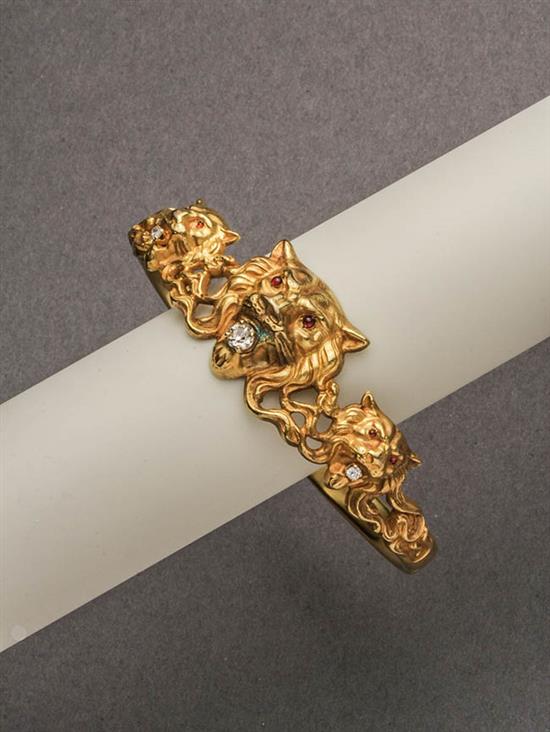 Appraisal: Art Nouveau Tested -Karat Yellow-Gold Garnet and Diamond 'Lion' Bracelet