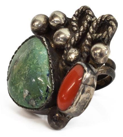 Appraisal: Native American silver content unknown ring bezel-set turquoise and red