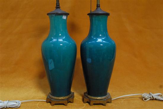 Appraisal: PAIR LATE CHINESE TURQUOISE GLAZED PORCELAIN VASES Conical form Mounted