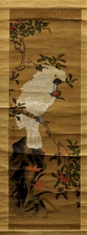 Appraisal: Shuki Okamoto Parrot on Rockery Scroll Painting Shuki Okamoto Japan