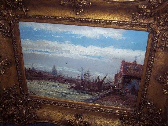 Appraisal: A HulkContinental Harbour Scenesignedoil on canvas cm x cm