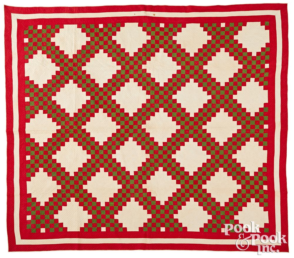 Appraisal: Red and green Irish chain quilt th c Red and