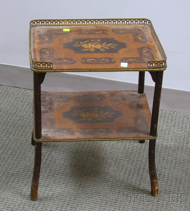 Appraisal: Victorian Brass-mounted Partial-ebonized Marquetry Decorated Two-Tier Stand