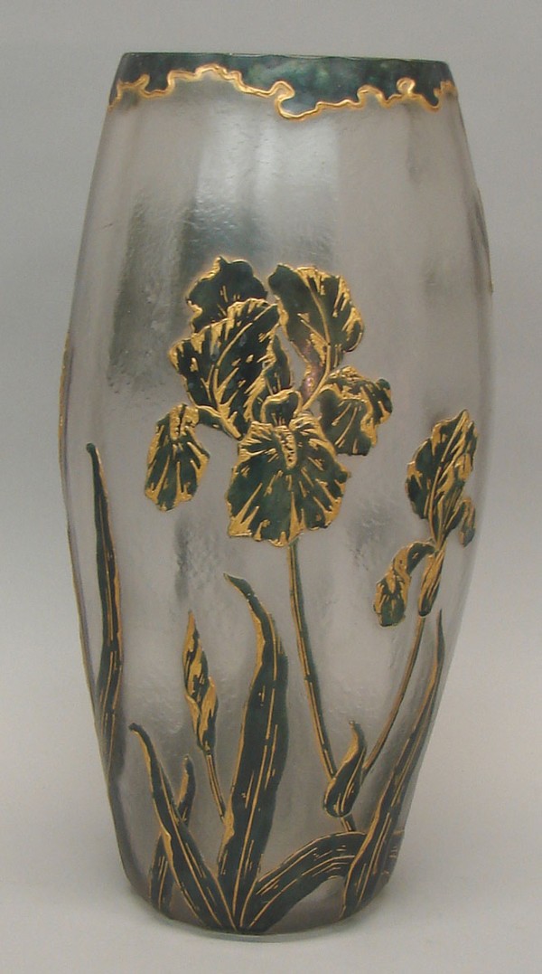 Appraisal: Vase features flowers with insects green flowers with applied enamel