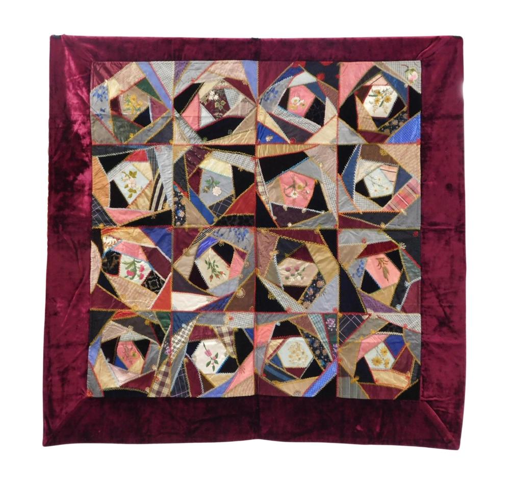 Appraisal: TEXTILE 's Embroidered silk quilt burgundy border sixteen colorful squares