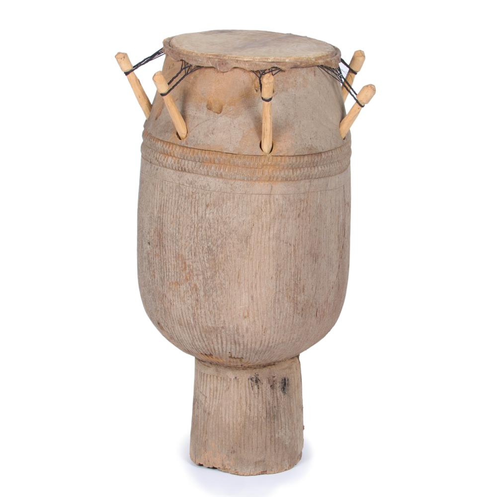 Appraisal: AFRICAN TRIBAL CEREMONIAL WOODEN DRUM WITH HIDE COVER AND PEGS