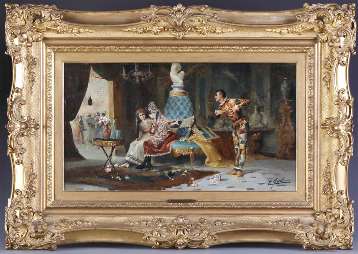 Appraisal: Ettore Forti Italian - Masquerade Interior scene w Jester Ettore