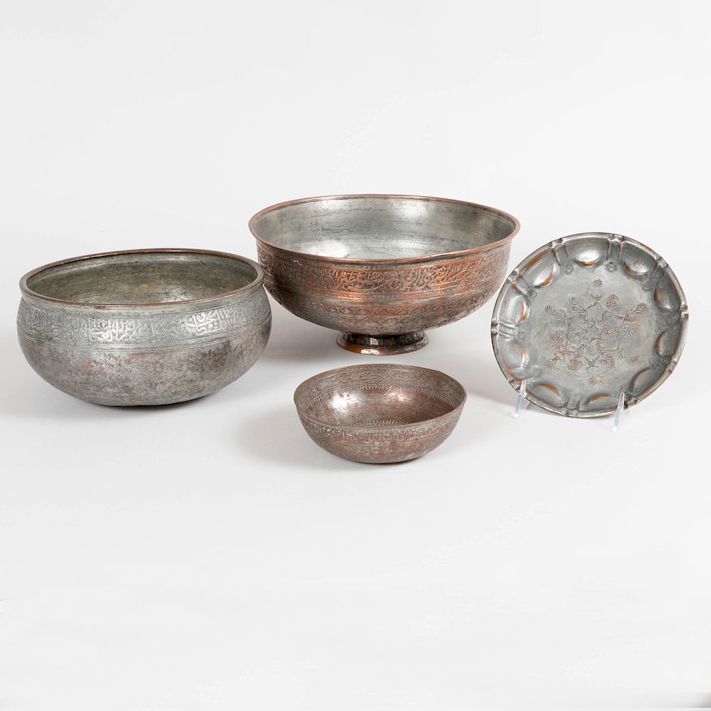 Appraisal: Three Middle Eastern Engraved Metal Bowls and a Similar Plate