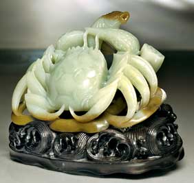 Appraisal: CARVED CELADON JADE CRAB Chinese celadon and caramel colored jade