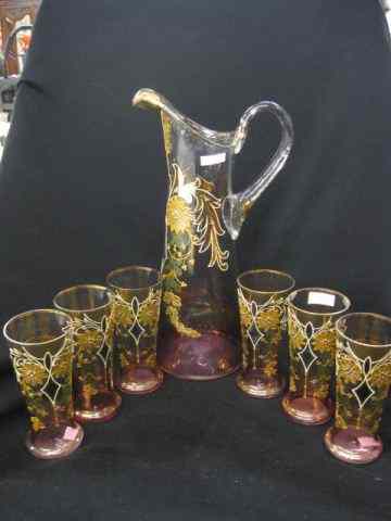 Appraisal: Enameled Art Glass Beverage Set ''tankard and tumblers elaborate floral