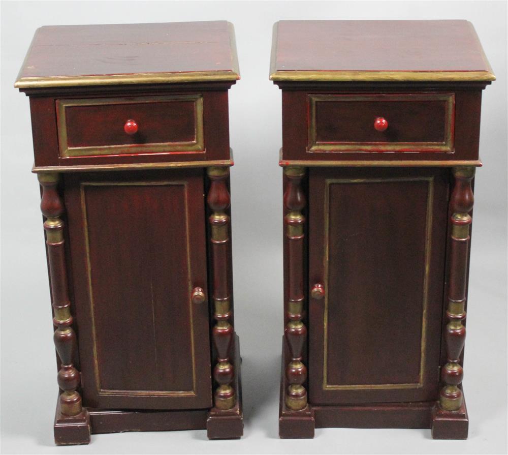 Appraisal: PAIR OF PAINTED SIDE CABINETS painted deep red with gold