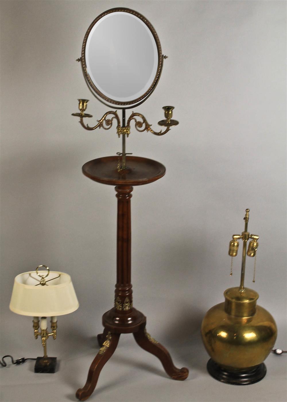 Appraisal: TWO LAMPS AND A CANDLESTAND WITH MIRROR one globular brass