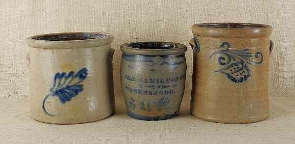 Appraisal: Three stoneware crocks th c with cobalt decoration tallest -