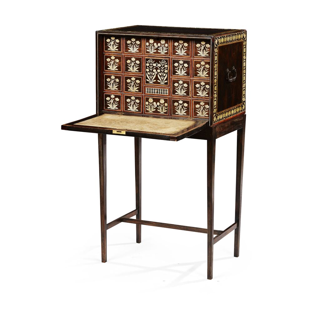 Appraisal: YINDO-PORTUGUESE ROSEWOOD IVORY AND MARQUETRY CABINET ON STAND GOA TH