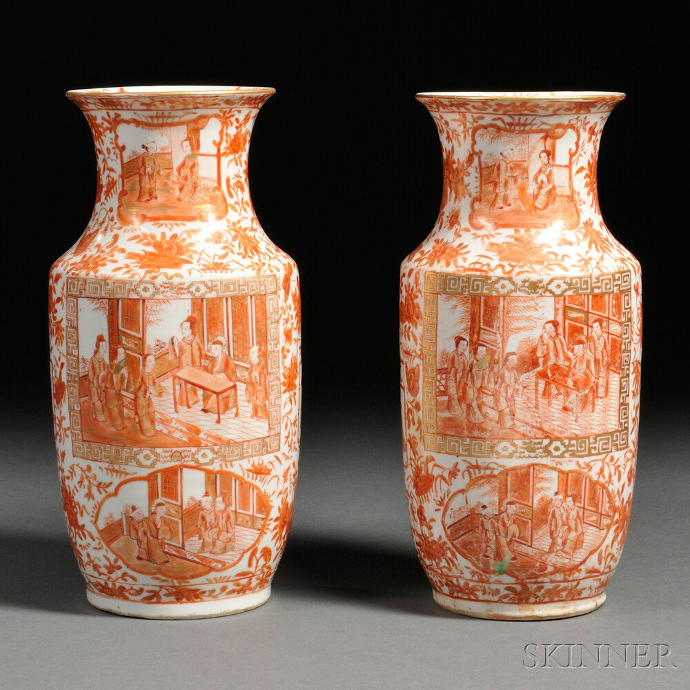 Appraisal: Pair of Gilt and Orange-palette Decorated Chinese Export Porcelain Vases