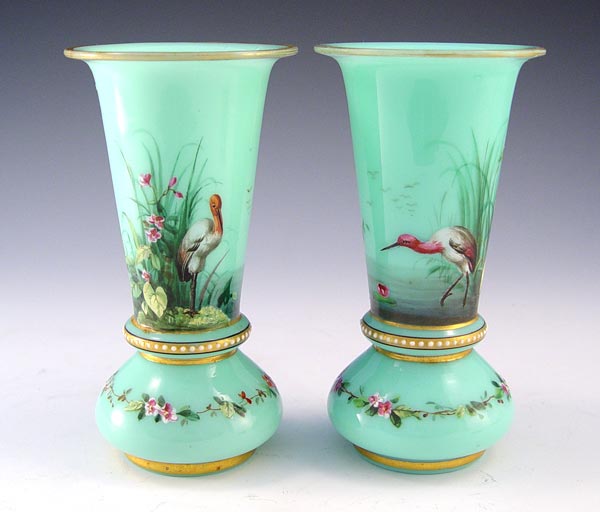 Appraisal: VICTORIAN ART GLASS VASES Possibly Smith Bros Hand enameled water