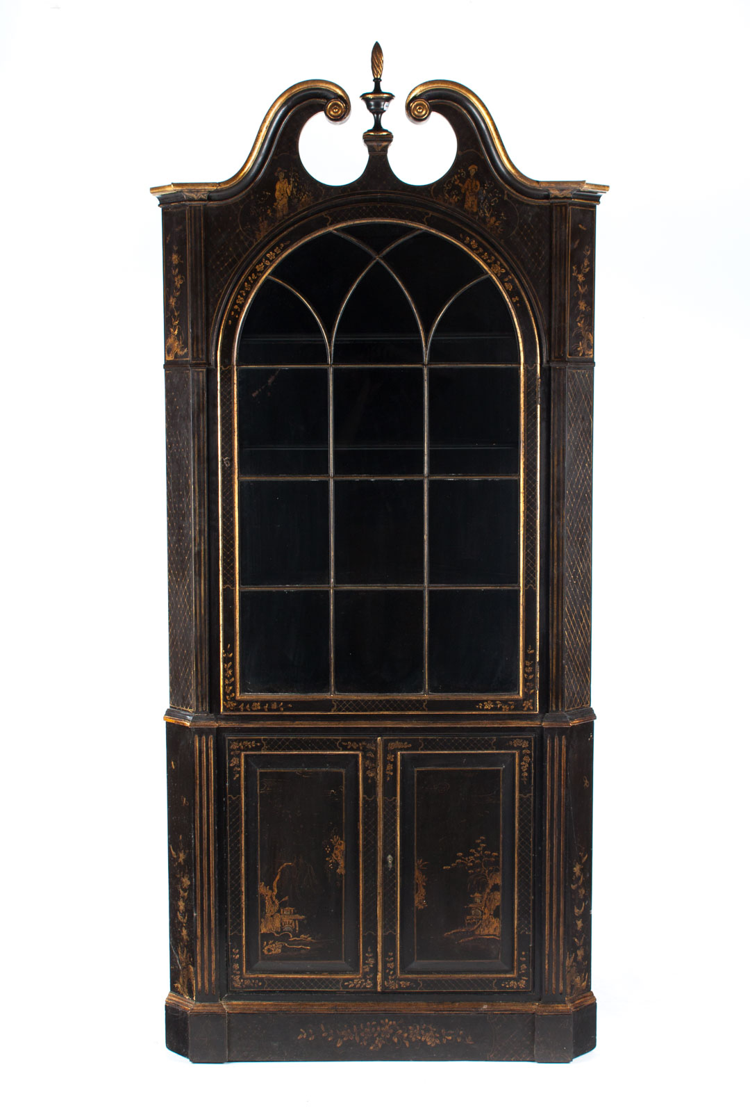 Appraisal: Chinese-Chippendale style corner cupboard early th century broken arched pediment