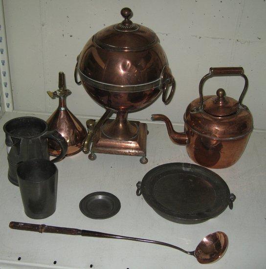 Appraisal: A group of copper ware comprising urn funnel kettle and