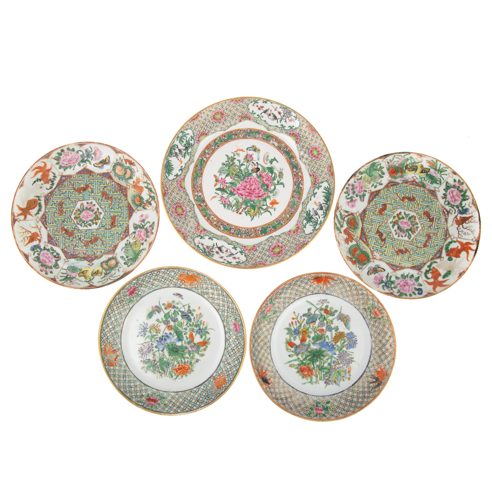 Appraisal: FIVE CHINESE EXPORT FAMILLE ROSE PLATES Tongzhi Era - includes