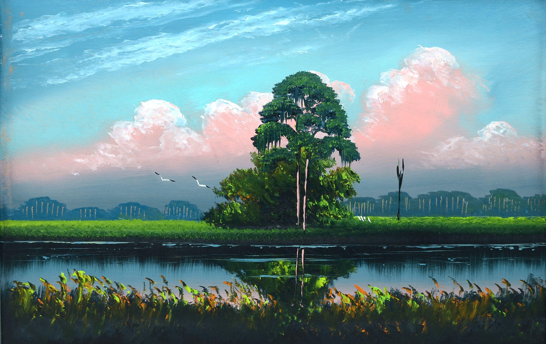 Appraisal: BLACK Al American Florida Highwaymen River Landscape with Pink Skies