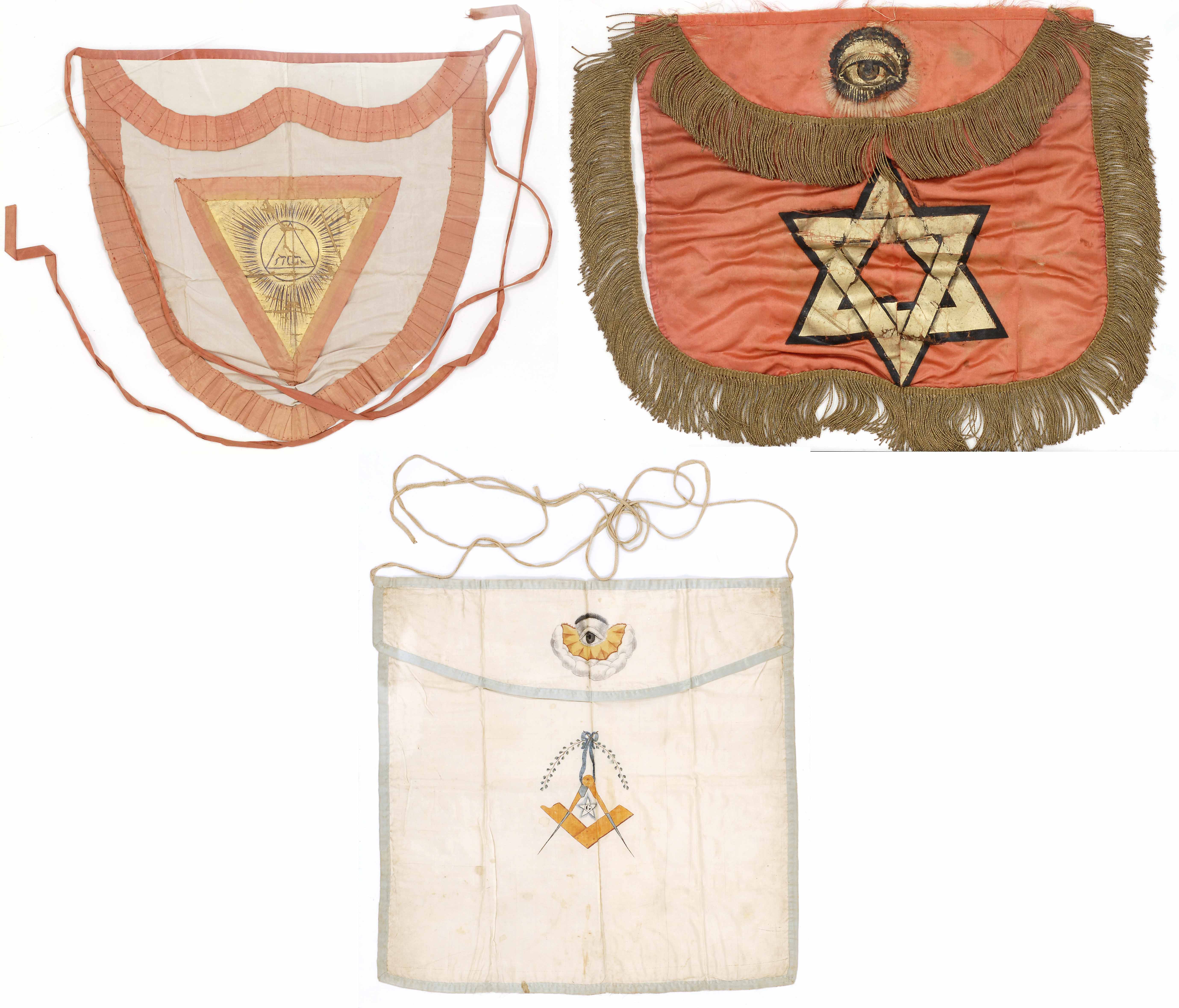 Appraisal: THREE FRAMED MASONIC APRONS Late th Early th Century Pink