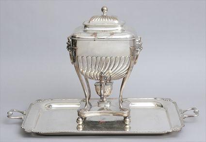 Appraisal: ENGLISH ARMORIAL SILVER-PLATED HOT WATER KETTLE ON STAND AND AN