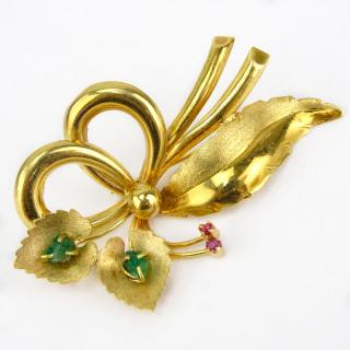 Appraisal: Vintage Karat Yellow Gold Emerald and Ruby Spray Brooch Signed