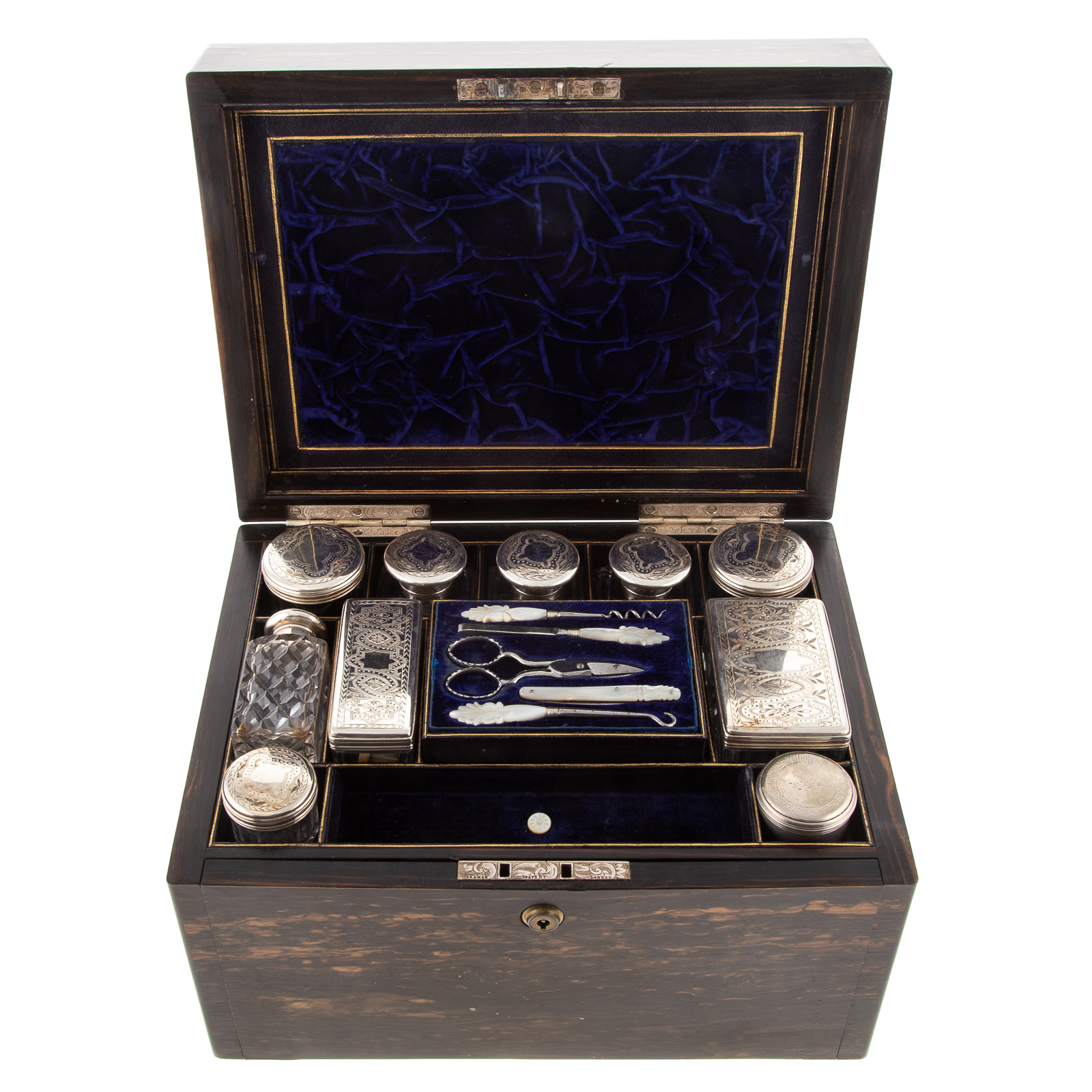 Appraisal: VICTORIAN ZEBRAWOOD VANITY BOX Silver-plated mounts marked Braman London the