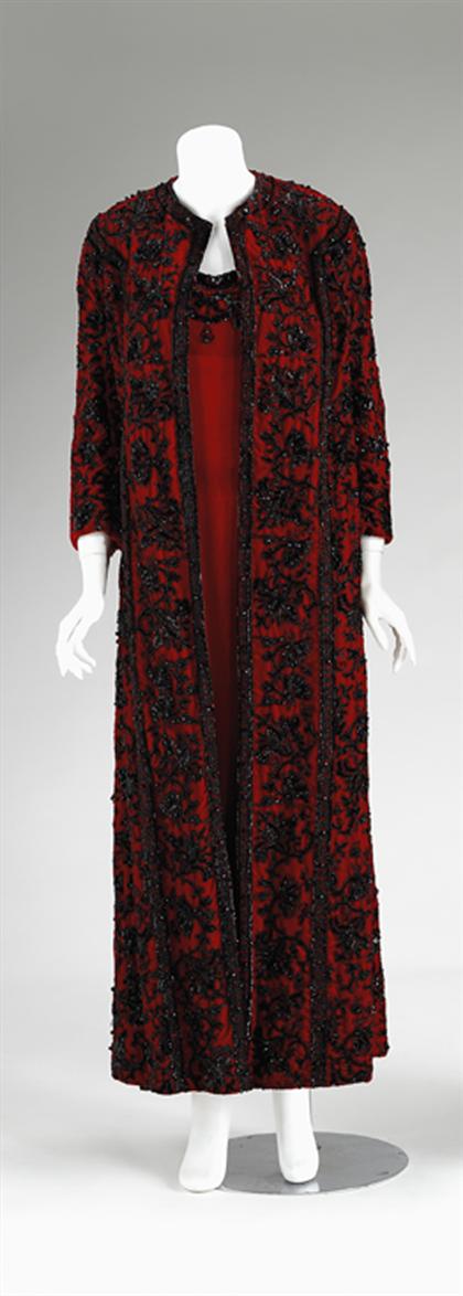 Appraisal: Pedro Rodriguez red velvet and jet beaded gown and matching