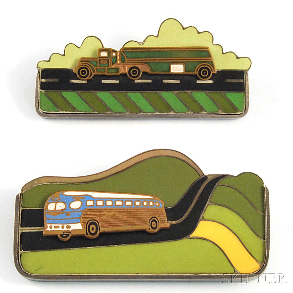 Appraisal: Two Robin Quigley Sterling Silver Polymer and Enamel Transportation-themed Pins