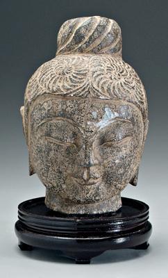 Appraisal: Chinese stone Buddha head Tang style gray stone with wood