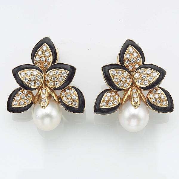 Appraisal: A pair of cultured pearl diamond black enamel and k