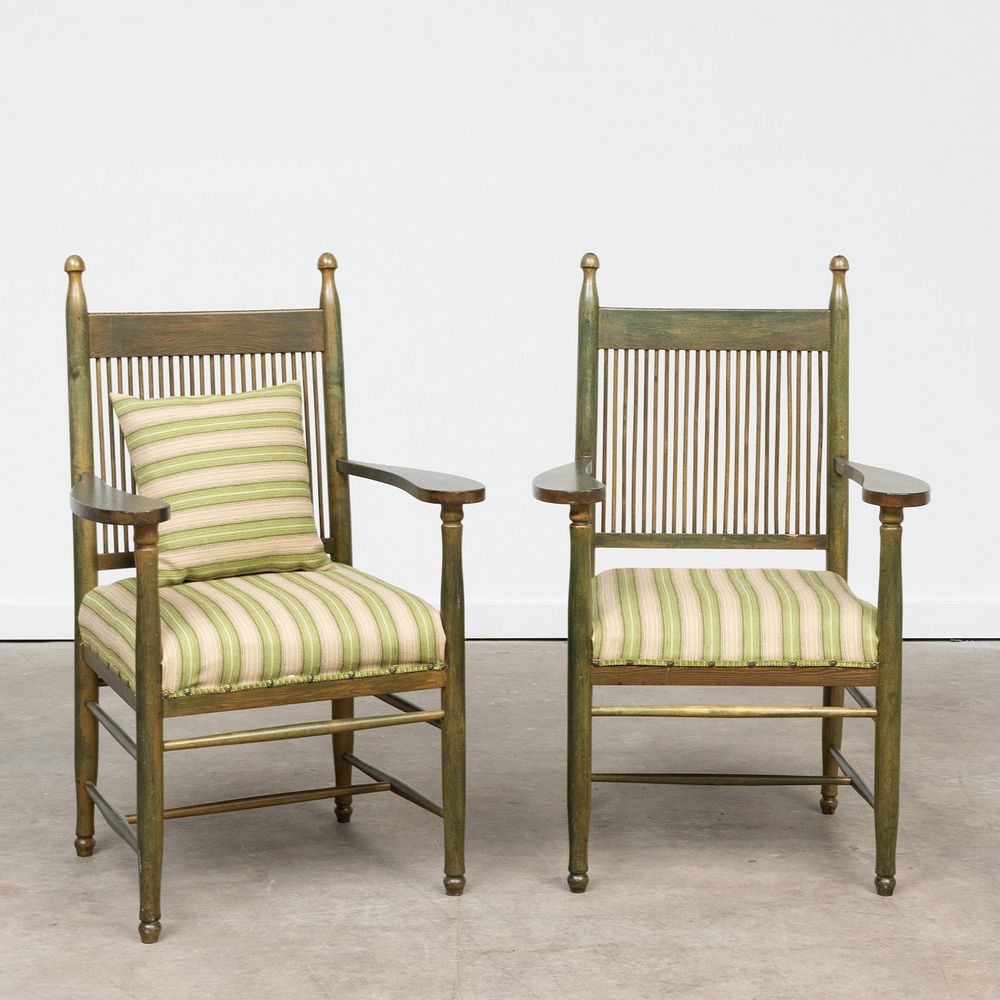 Appraisal: Pair of Carl Westman Stained Pine Arm Chairs Upholstered in