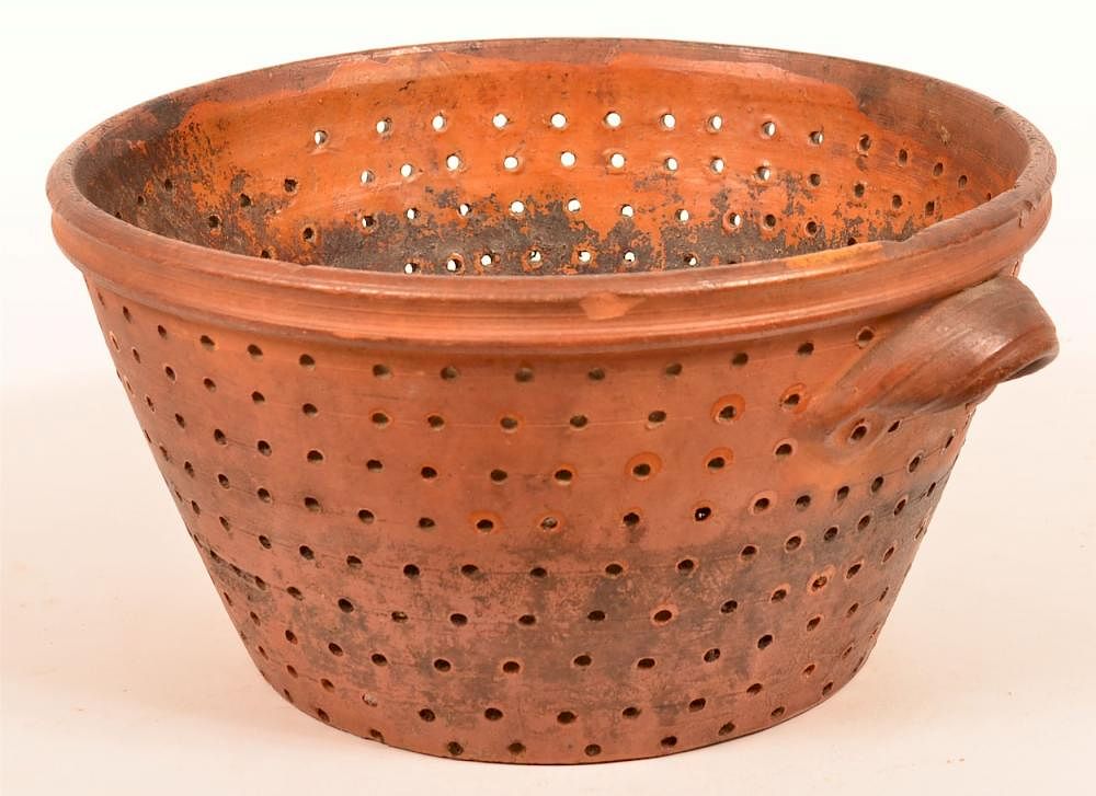 Appraisal: Interior Glazed Redware Pottery Colander Large th Century Interior Glazed