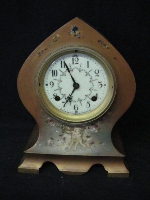 Appraisal: Paint Decorated New Haven Gilt Metal Clock with Porcelain Face