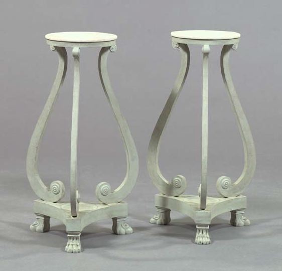 Appraisal: Pair of Regency-Style Polychromed and Marble-Top Pedestals each with a