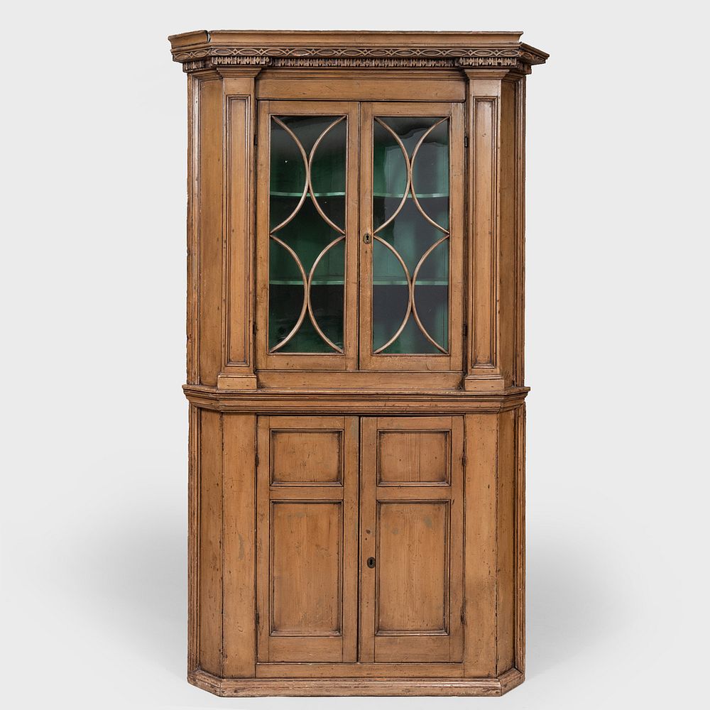 Appraisal: Federal Grain Painted Pine Corner Cupboard In two parts each