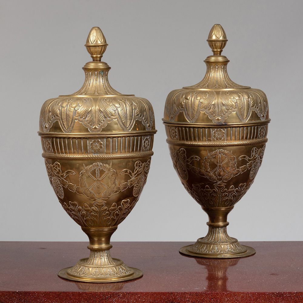 Appraisal: Pair of Continental Brass Repouss Urns and Covers Raised on