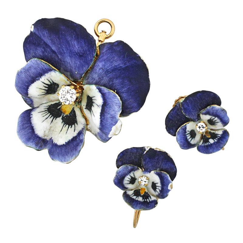 Appraisal: AMERICAN ENAMELED GOLD DIAMOND PANSY SUITE Condition Report Enamel losses