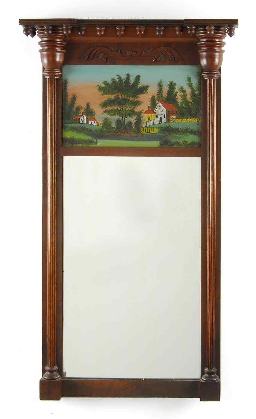 Appraisal: ANTIQUE AMERICAN SHERATON MIRRORCirca Mahogany frame with acorn drops and