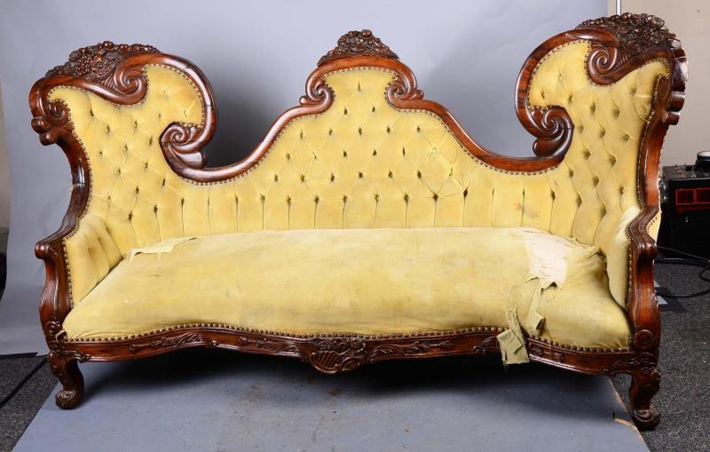 Appraisal: Belter Antique Rosewood Framed Tufted Velvet Sofa This ornate Victorian