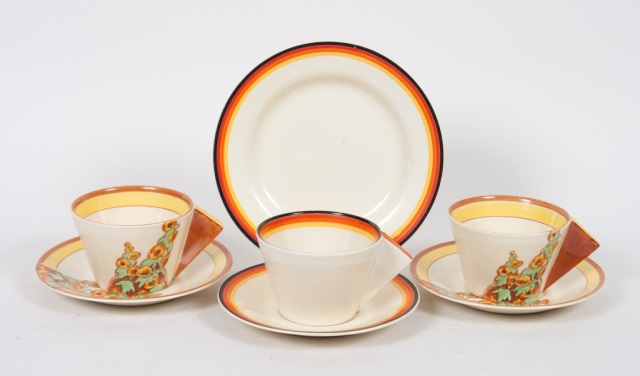 Appraisal: Seven pieces of Clarice Cliff Bizarre teaware circa comprising pair