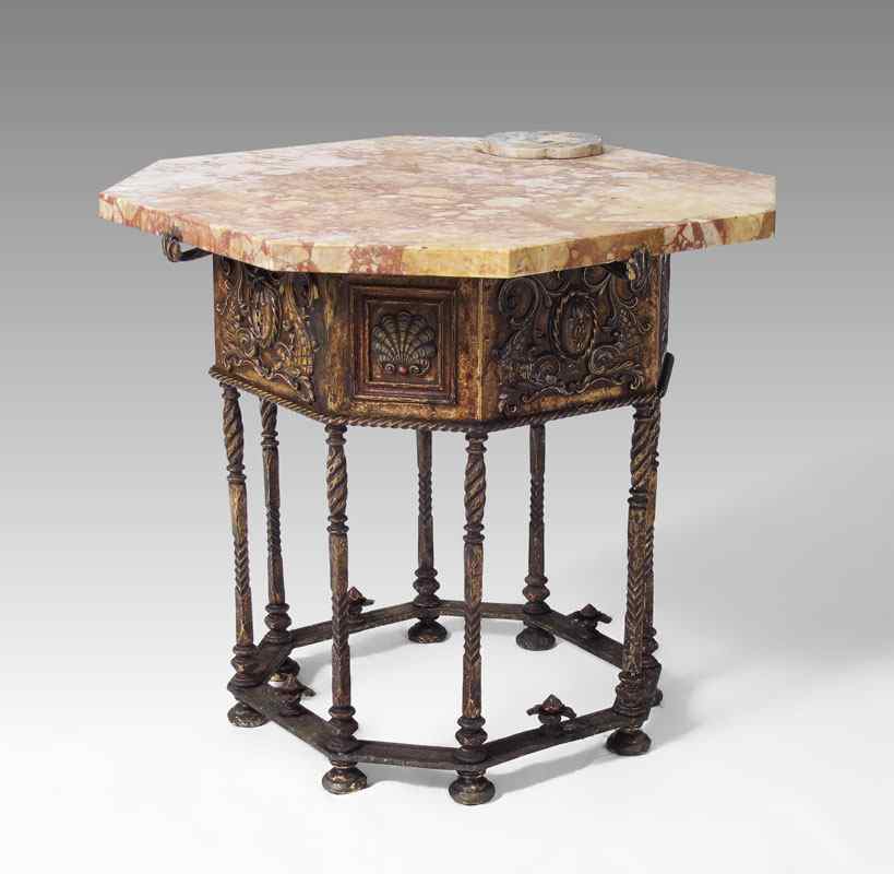 Appraisal: DECO ERA BRONZE MARBLE TOP TABLE Variegated marble top with