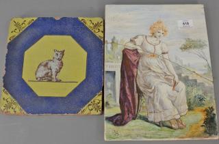 Appraisal: Two faience tiles one with cat probably th century one