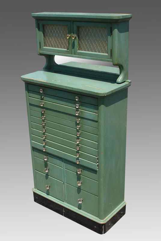 Appraisal: GREEN PAINTED DENTAL CABINET glass doors over full length metal