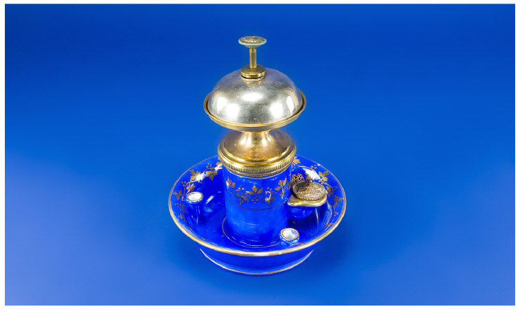 Appraisal: Elegant blue glazed french pump inkwell with bell good condition