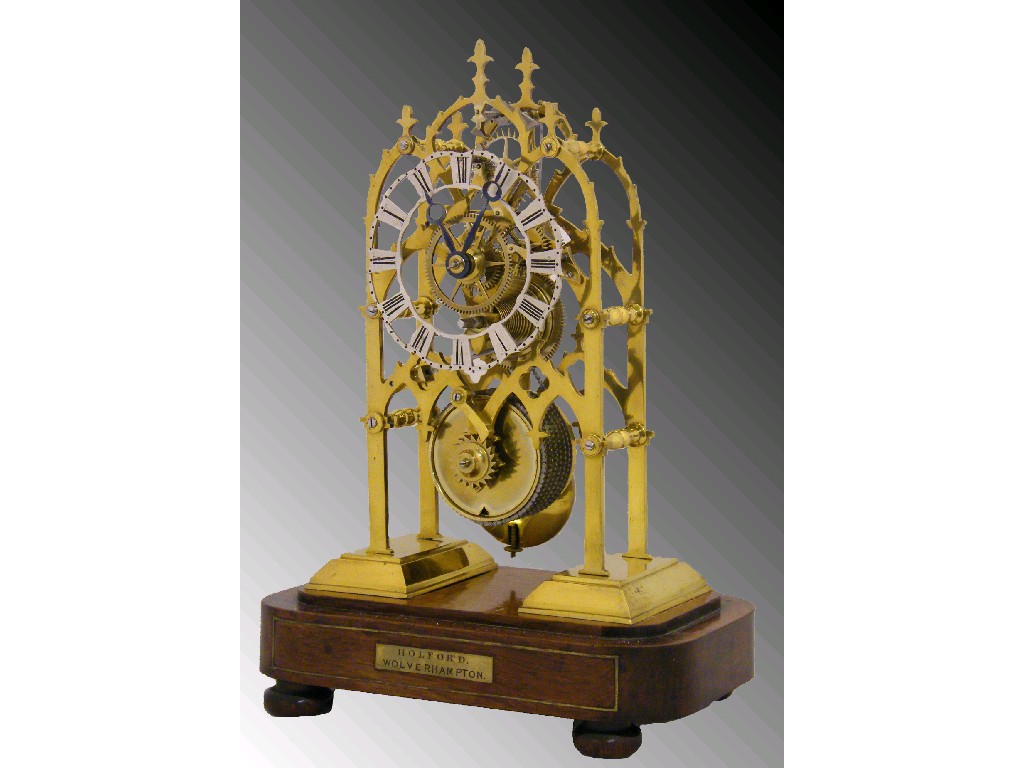 Appraisal: Good small single fusee brass skeleton clock with six pillars