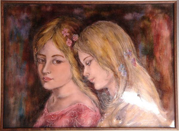 Appraisal: Enameled copper plaque P Bonnet Limoges Portrait of Young Women